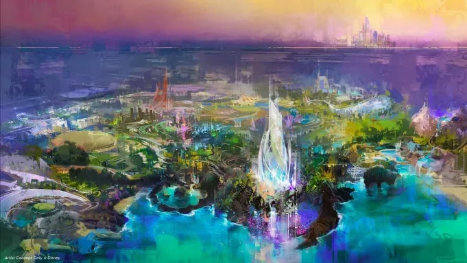 Vibrant concept art showing the full Disney Abu Dhabi resort layout on Yas Island, including waterfront, futuristic structures, and lush landscapes.