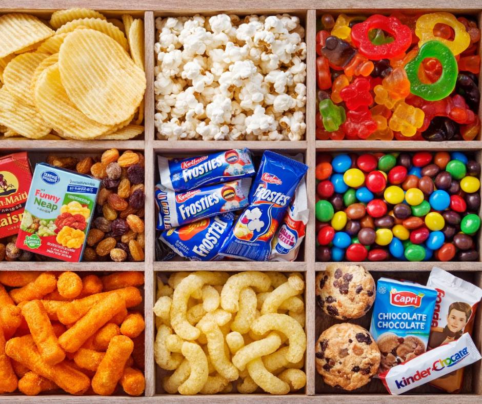 Selection of child-friendly travel snacks including crisps, popcorn, gummy sweets, chocolate, cookies, raisins and fruit snacks, ideal for a Disneyland Paris kids packing list.