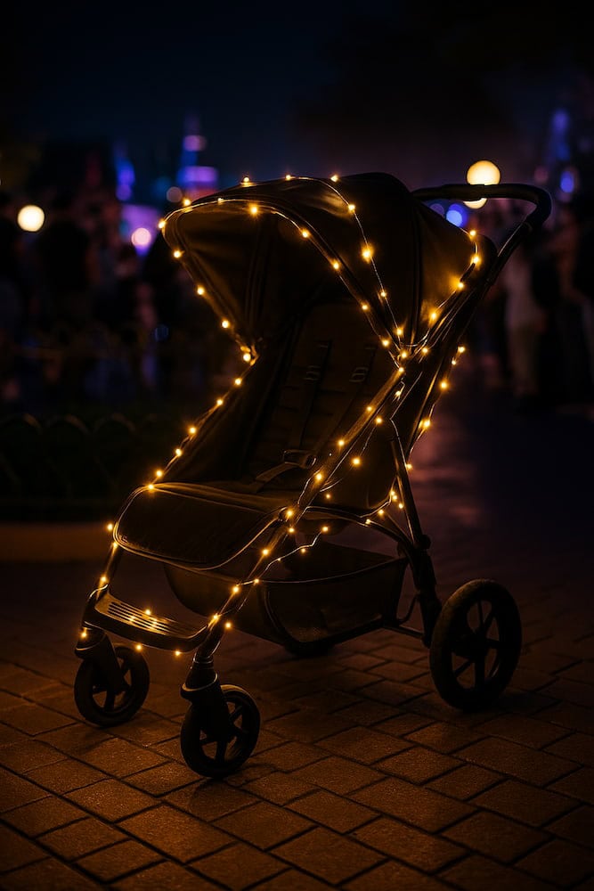 A pushchair decorated with warm battery-powered fairy lights, glowing at night during a Disneyland Paris parade, parked on a brick pathway.