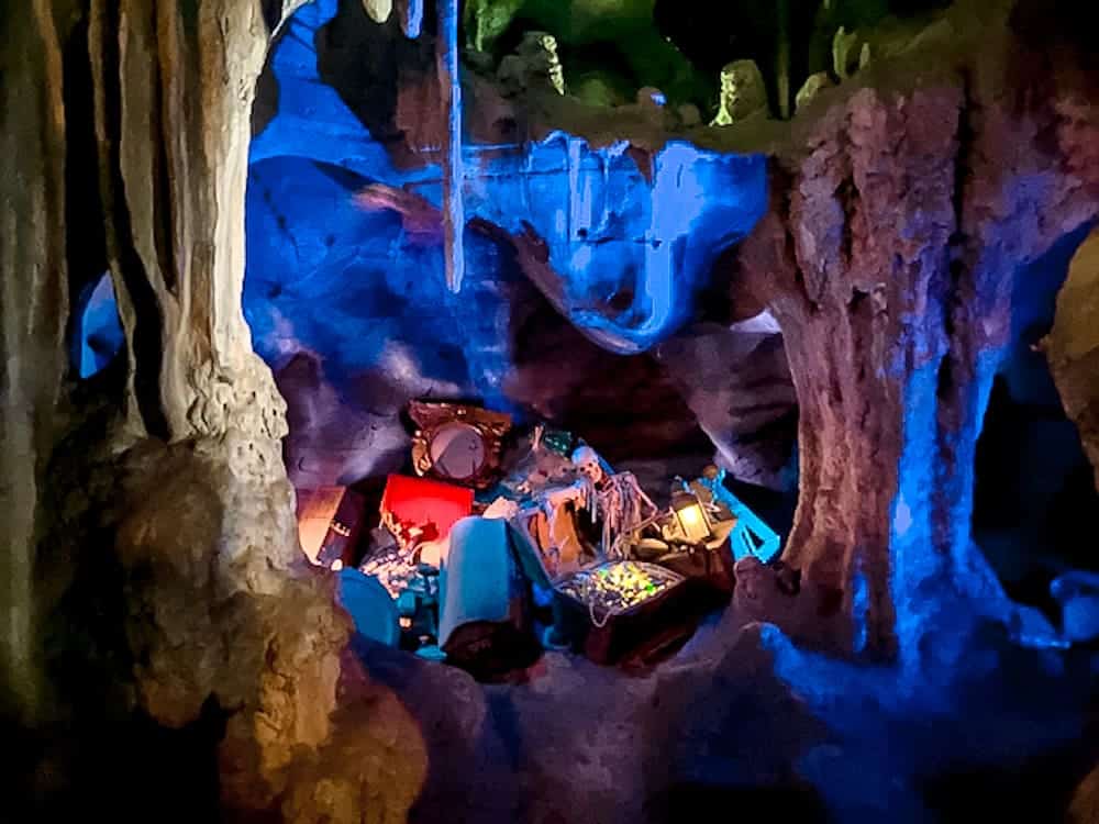 Treasure room hidden inside the shady Adventureland Caves, a great place to cool off at Disneyland Paris in July.