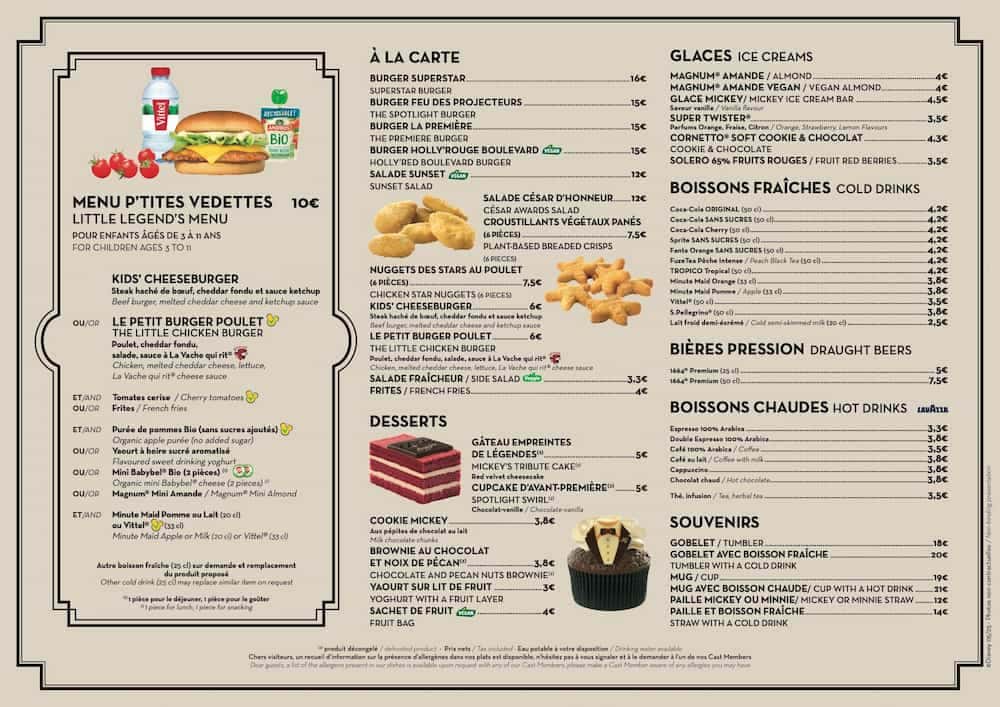 Little Legends kids menu and à la carte dessert options at Hollywood Gardens Restaurant, World Premiere Disneyland Paris.