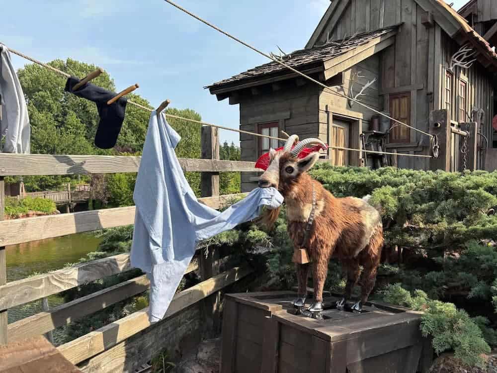 Close-up of the restored Big Thunder Mountain goat at Disneyland Paris tugging on a shirt on a laundry line—new fur and cheeky charm fully intact
