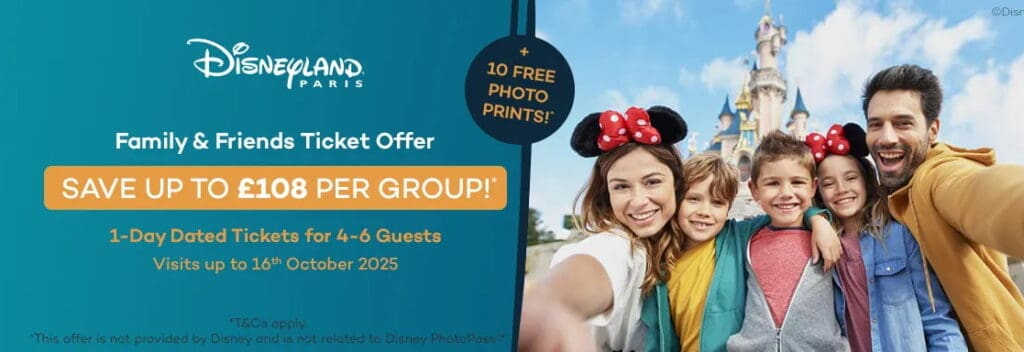 A happy family of five taking a selfie in front of Sleeping Beauty Castle at Disneyland Paris, promoting the Friends & Family Summer Ticket Offer for groups of 4–6 guests, valid through 16 October 2025. Save Up to £108