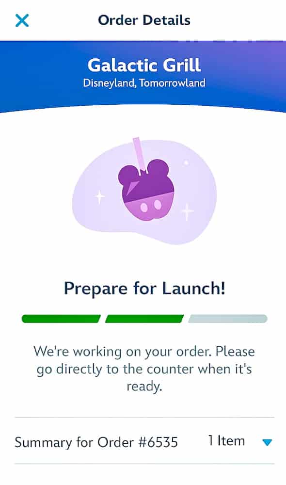 Mobile order confirmation for Galactic Grill breakfast at Disneyland California — starting the day with quick and easy Disney food.