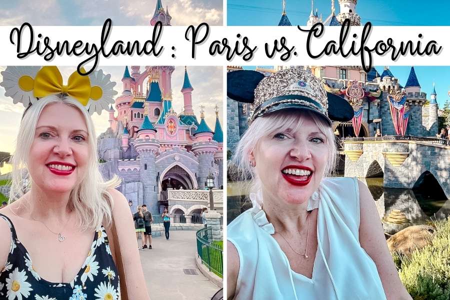 Side-by-side of Carrie at Disneyland Paris’s pink Sleeping Beauty Castle and Disneyland California’s smaller version, showing the contrast in the Disneyland California vs Disneyland Paris debate.