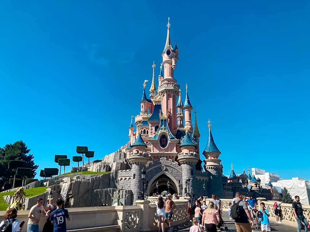 Sleeping Beauty Castle on a sunny day in September at Disneyland Paris.
