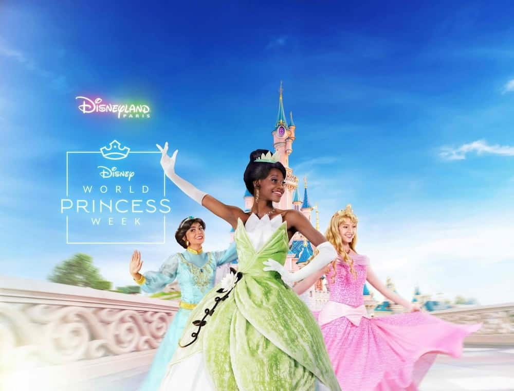 Tiana, Jasmine and Aurora in front of Sleeping Beauty Castle at Disneyland Paris during World Princess Week