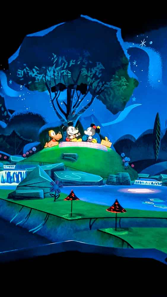 Inside Mickey & Minnie’s Runaway Railway at Disneyland California, featuring Mickey, Minnie, and Pluto from our 3-Day Disneyland California Itinerary.