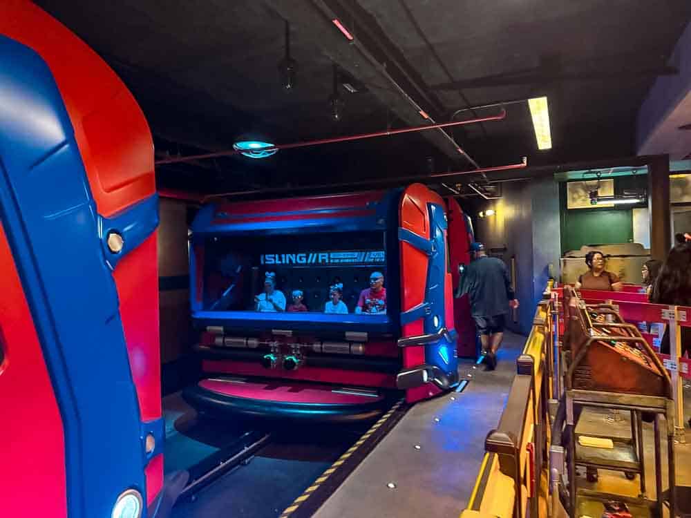 Spider-Man’s Web Slingers ride vehicles ready for boarding in Avengers Campus at Disney California Adventure.