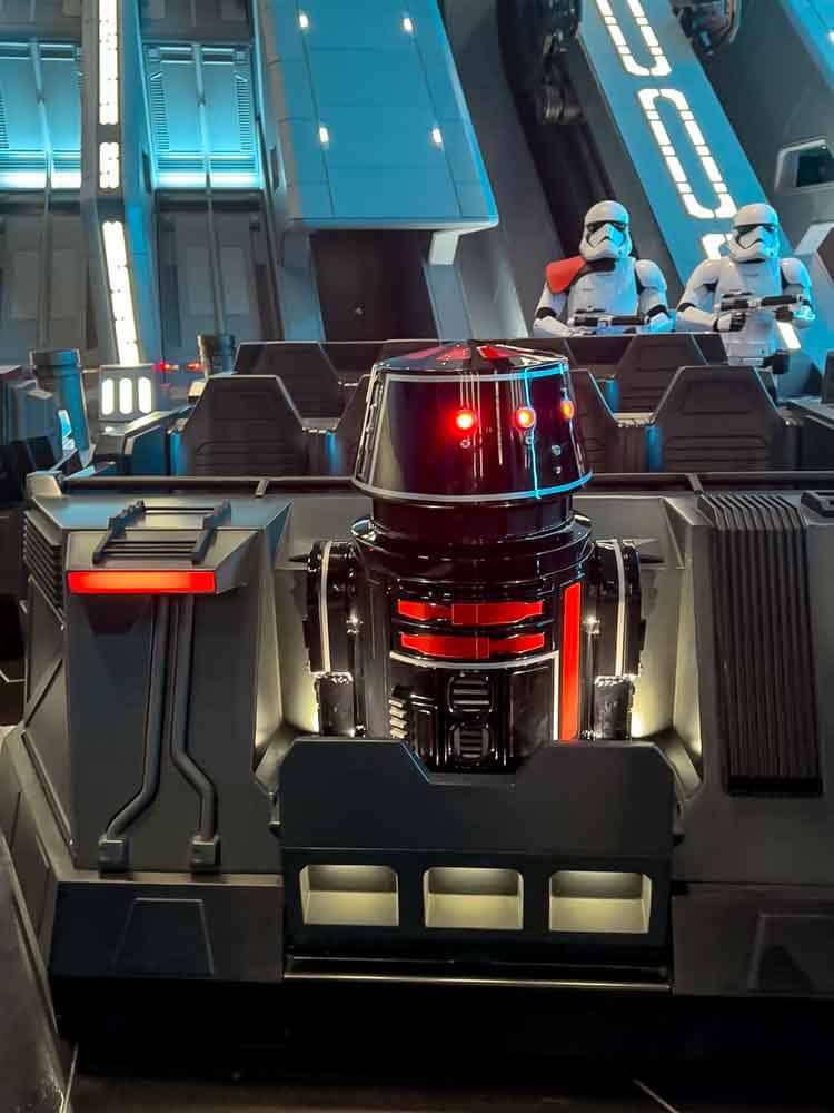 A close-up of a Rise of the Resistance ride vehicle with droid at Disneyland California, featured in our 3-Day Disneyland California Itinerary.