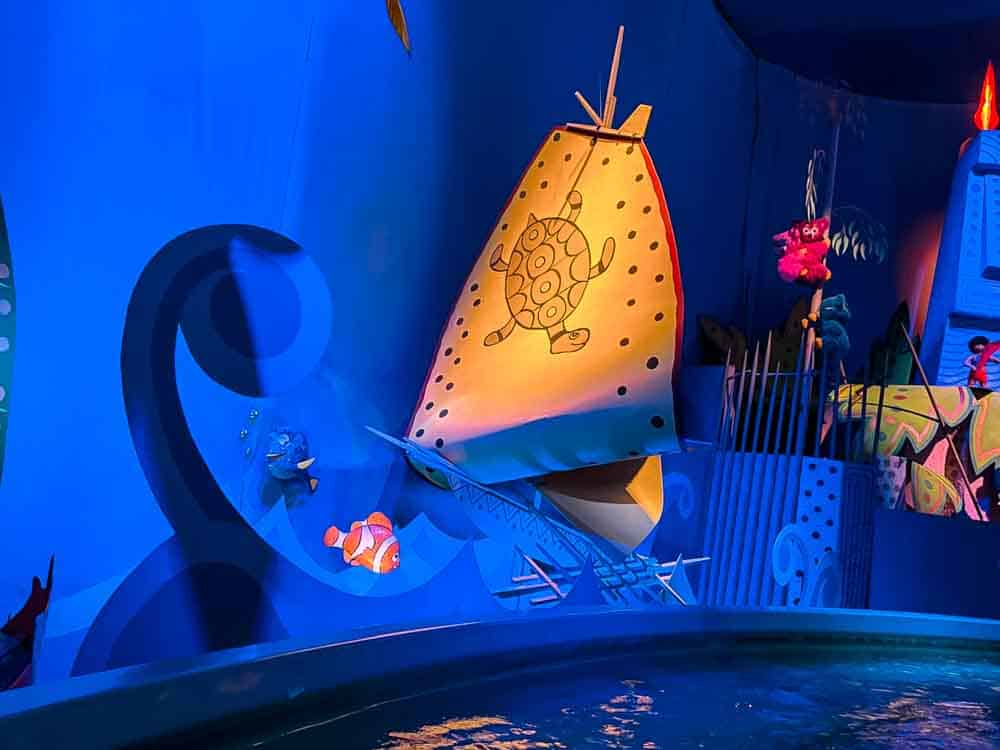 A sailboat with Nemo and Dory projected inside it’s a small world, Disneyland California, during our 3-Day Disneyland California Itinerary.