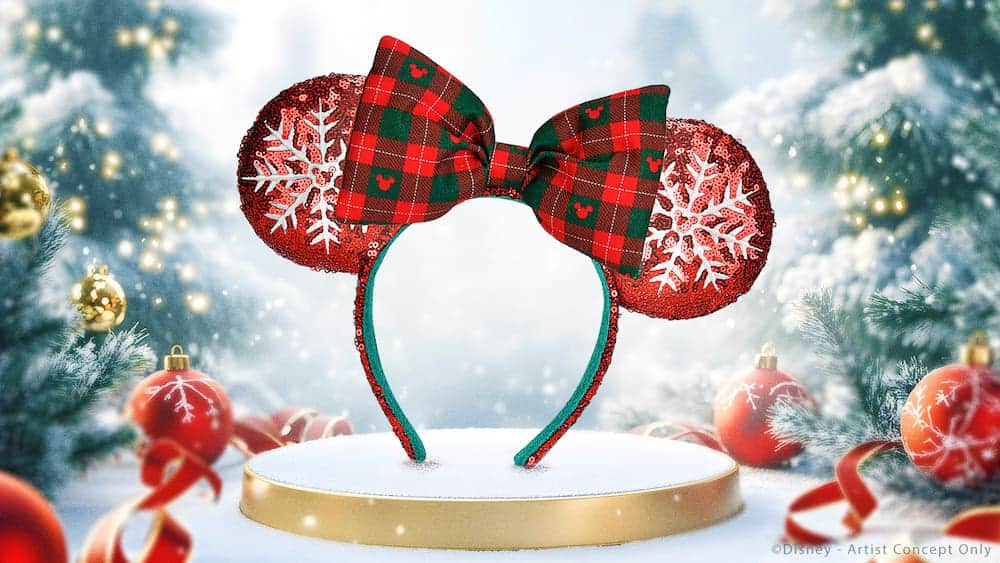 Red sequin Minnie ears with tartan bow and snowflake design released for Disneyland Paris Christmas 2025 merchandise.