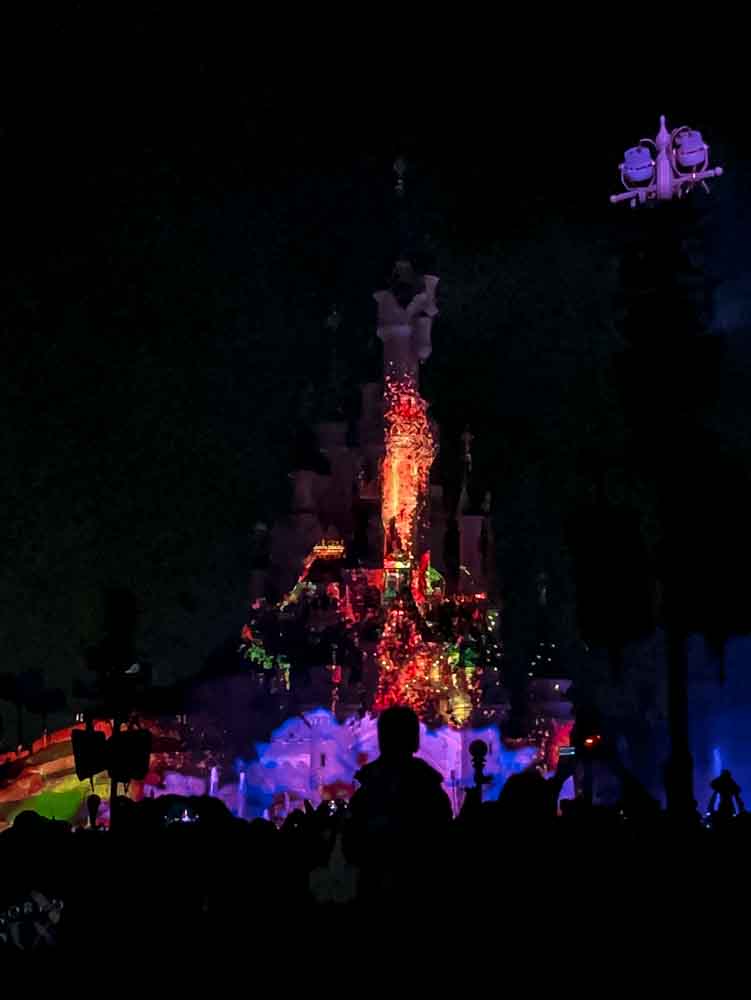 Disneyland Paris fireworks show projected on the castle, where Disneyland Paris rules remind guests to avoid blocking views when possible