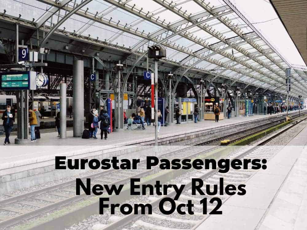 Eurostar station platform with text overlay announcing new border entry rules for UK travellers from 12 October 2025.
