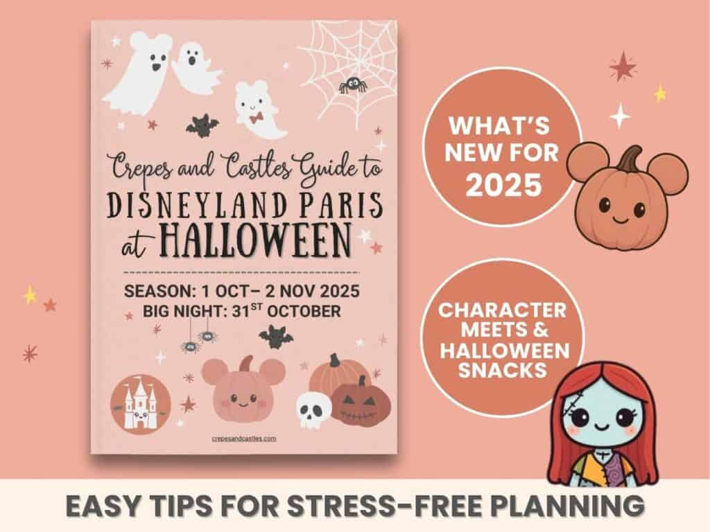 Disneyland Paris Halloween Guide 2025 printable shown on tablet and pages, including bucket list, packing tips, characters to meet, and seasonal highlights, designed as cute planning pages for Halloween at Disneyland Paris.