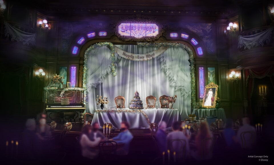 Concept art of the Unlucky Nugget Saloon transformed into a haunted wedding feast for Halloween at Disneyland Paris 2025.