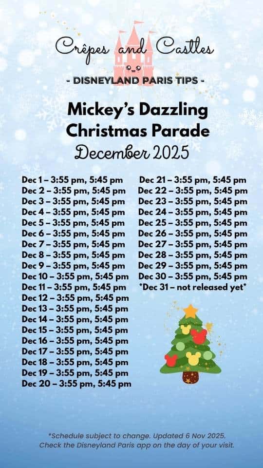 Free printable December 2025 Christmas Parade Schedule Disneyland Paris Crepes and Castles