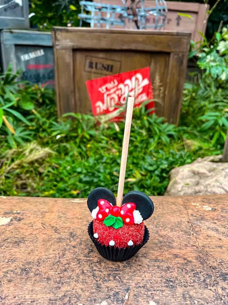 Minnie Mouse Christmas cake pop with red frosting at Disneyland Paris.