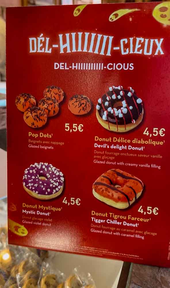 Disneyland Paris Halloween 2025 snack menu showing themed donuts at Cable Car Bake Shop