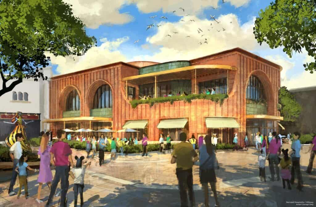 Artist concept art of Casa Giulia restaurant coming to Disney Village near the Sports Bar Disneyland Paris.