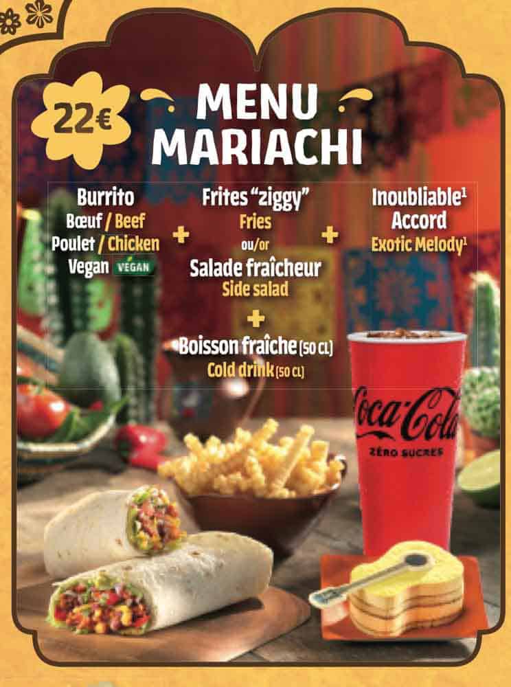 Casa de Coco Menu Mariachi with burritos, Ziggy fries, Exotic Melody dessert and drink, featured in Disneyland Paris Christmas menus 2025.