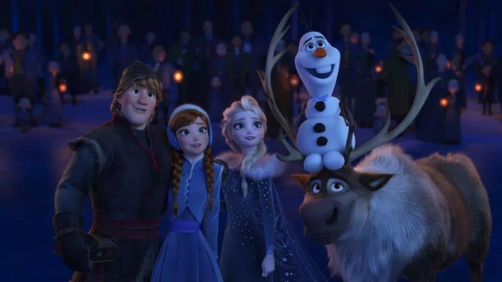 Kristoff, Anna, Elsa, Olaf and Sven together during a festive moment from Frozen, featured in A Celebration in Arendelle at Disneyland Paris.