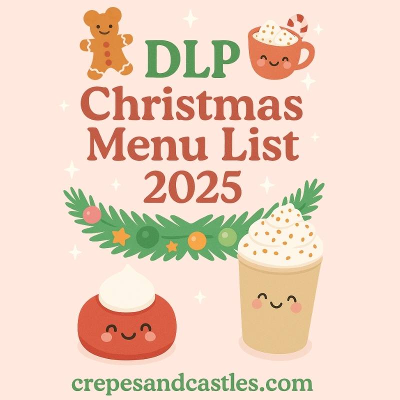 Festive DLP Christmas Menu List 2025 graphic with cute holiday treats and drinks, promoting Disneyland Paris Christmas menus on Crepes and Castles.