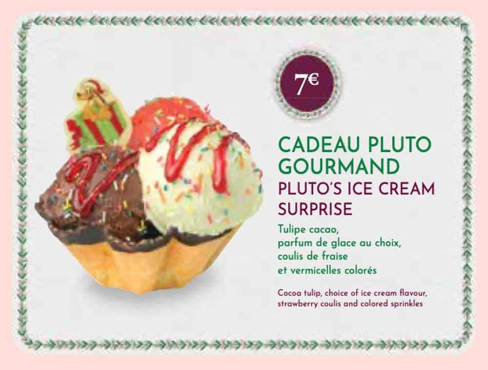 Gibson Girl Ice Cream Parlour Christmas 2025 menu showing festive sundaes and holiday-themed Pluto sundae from Disneyland Paris Christmas menus 2025.
