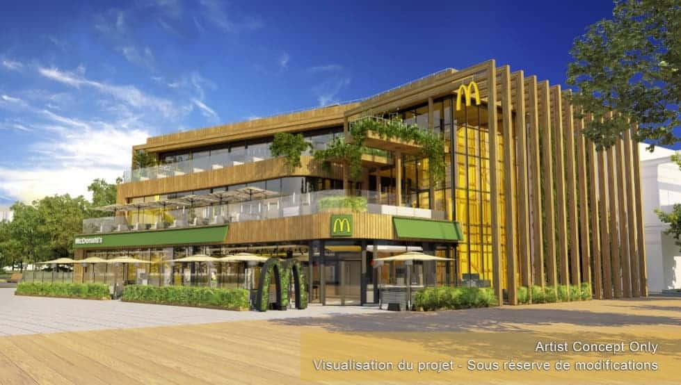 Artist concept art showing the new eco-inspired McDonald’s building coming to Disney Village, located near the Sports Bar at Disneyland Paris.