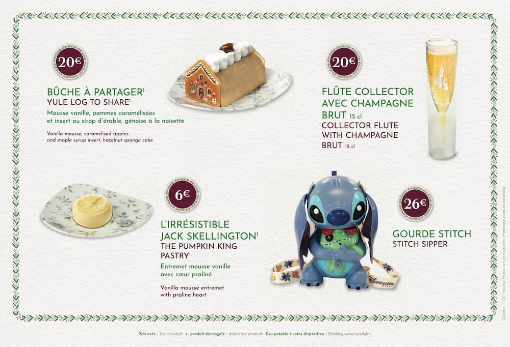 Victoria’s Home-Style Restaurant Christmas menu with Bûche à Partager Yule Log, Jack Skellington pastry, and Stitch sipper, part of the Disneyland Paris Christmas menus 2025.