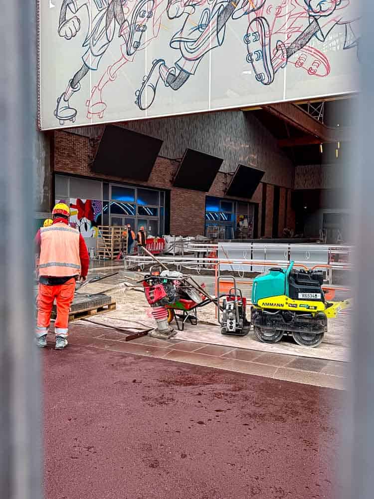 Workers completing final touches outside the new Sports Bar Disneyland Paris.