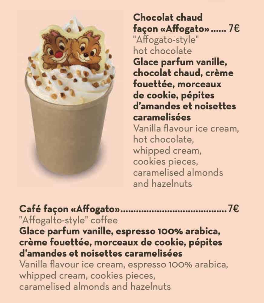 The Ice Cream Company Christmas menu at Disneyland Paris 2025 with seasonal ice cream desserts and holiday flavours including this ice cream coffee or hot chocolate with Chip and Dale