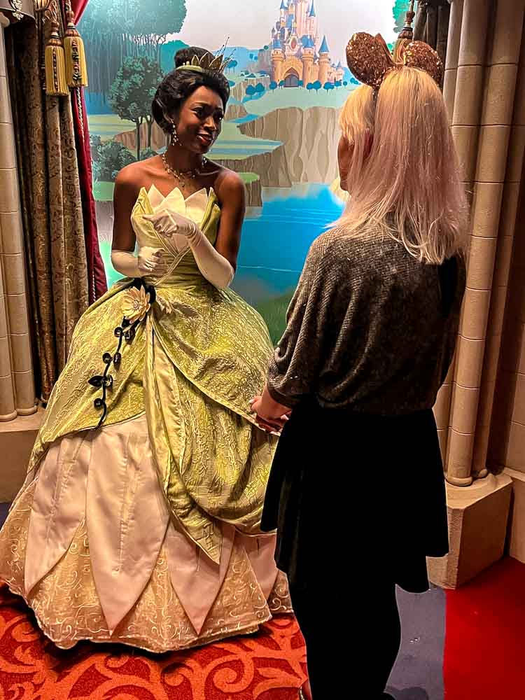 Guest meeting Princess Tiana at Disneyland Paris in January, inside Princess Pavilion.