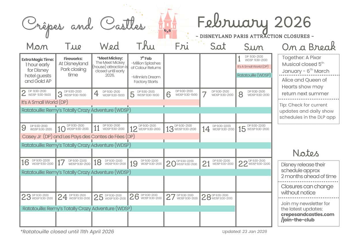 Disneyland Paris February 2026 park hours and attraction closures daily