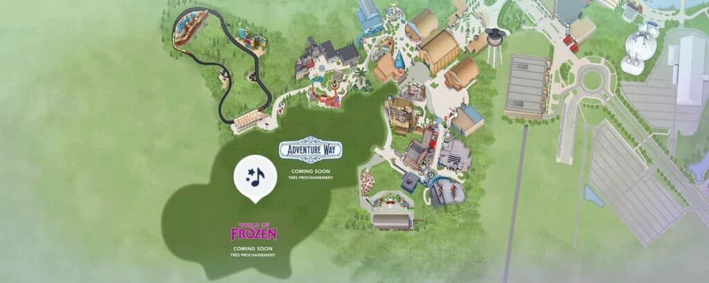 Theme park map with attractions for Disney Adventure World listed.
