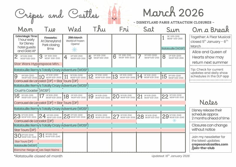 Disneyland Paris March 2026 park hours and attraction closures daily