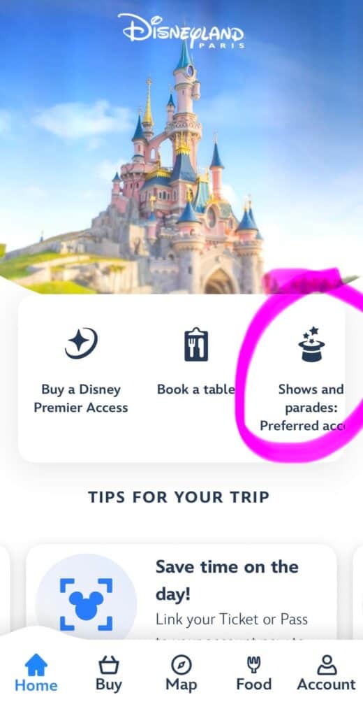 Disneyland Paris app menu showing Shows and Parades Preferred Access option used to book Disney Cascade of Lights reserved viewing