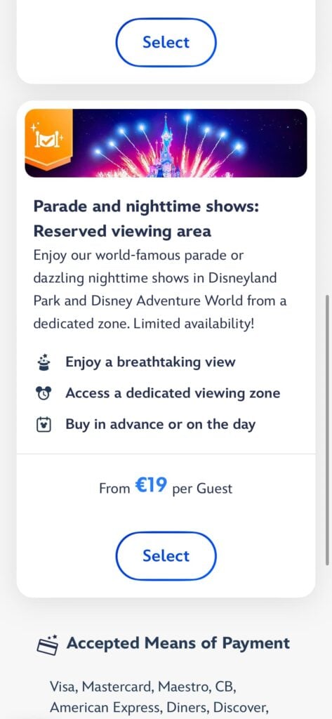 Disneyland Paris app screen showing how to select Walt Disney Studios Park to book Disney Cascade of Lights reserved viewing