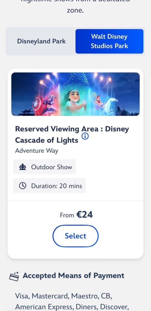 Disney Cascade of Lights reserved viewing booking screen in the Disneyland Paris app showing Adventure Way location and €24 price