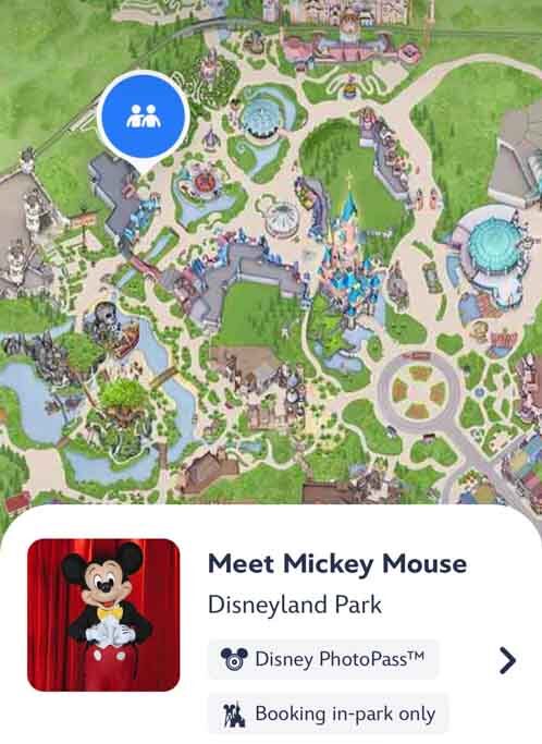 Map of Disneyland Park attractions including Meet Mickey Mouse in Fantasyland.
