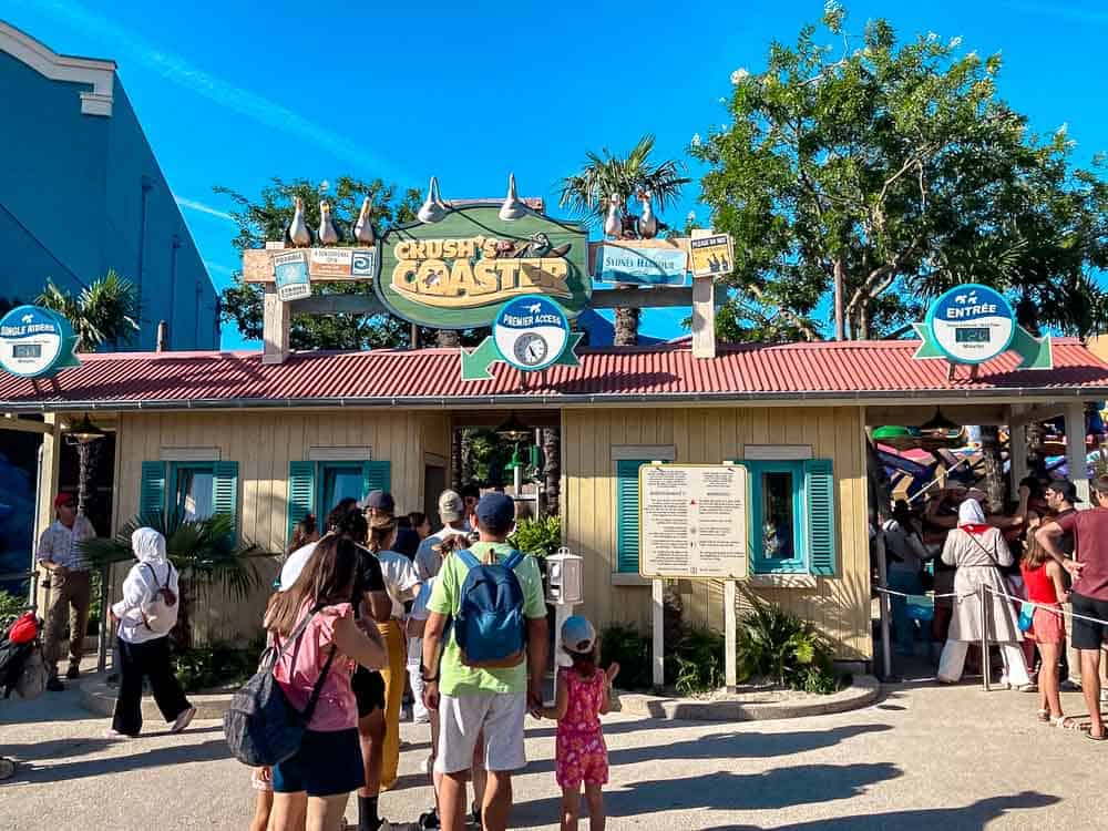 Crush's Coaster Priority and Premier Access sign at Disneyland Paris showing how accessibility passes currently work