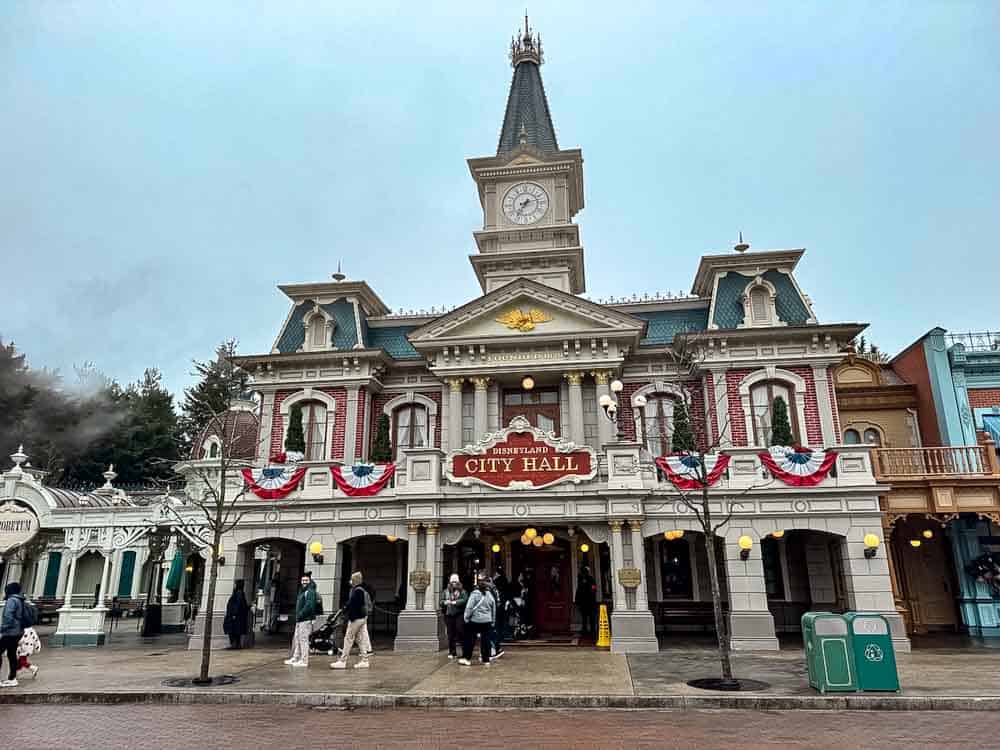 City Hall at Disneyland Paris on Main Street U.S.A., home to guest services and accessibility pass support
