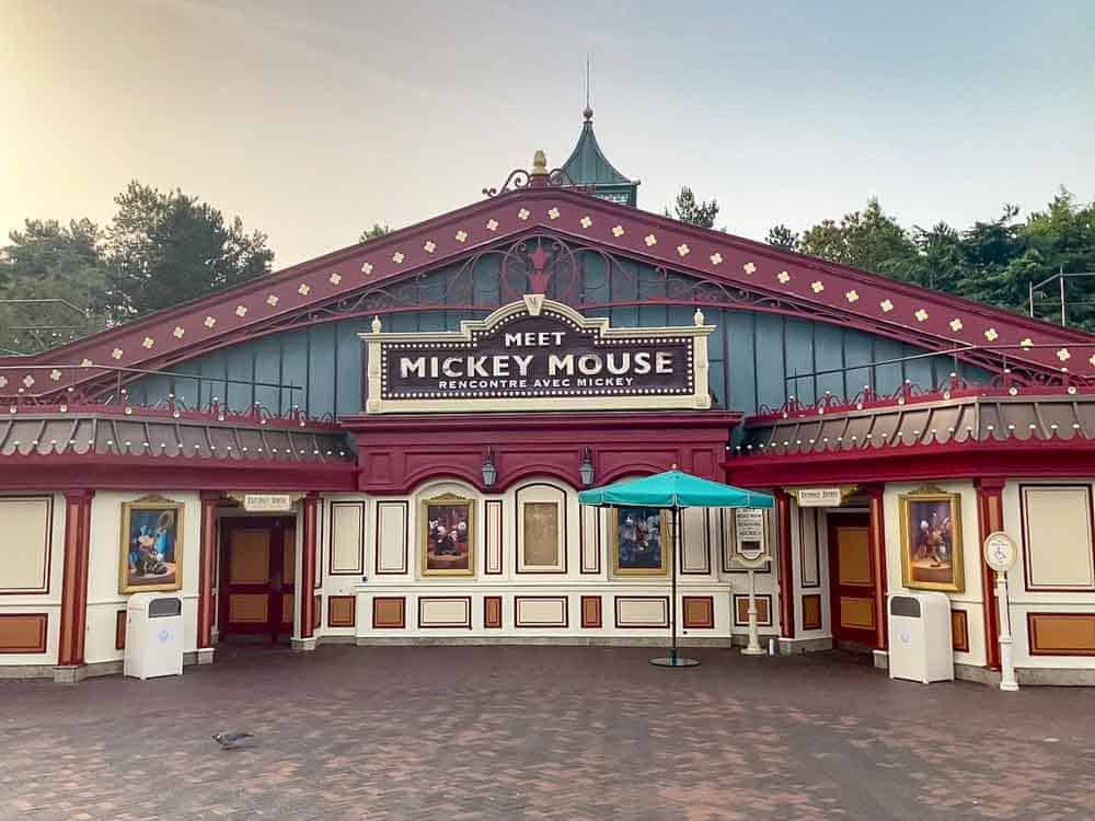 Meet Mickey at Disneyland Paris at Mickey’s House in Fantasyland, showing the theatre-style entrance facade