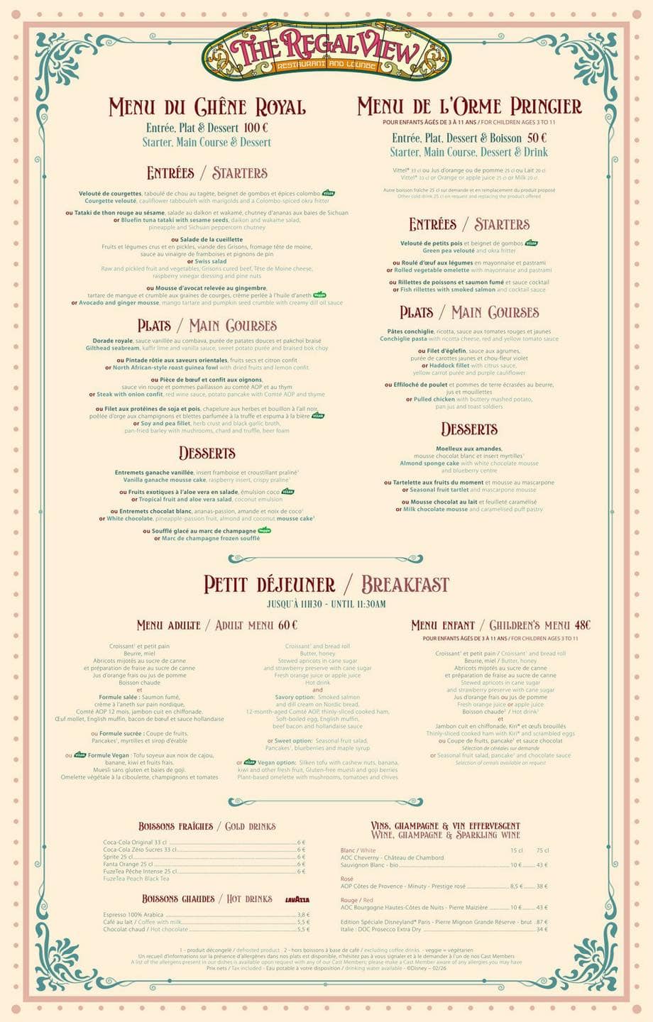 Full Regal View menu Disneyland Paris showing starters, main courses, desserts and breakfast options with prices.