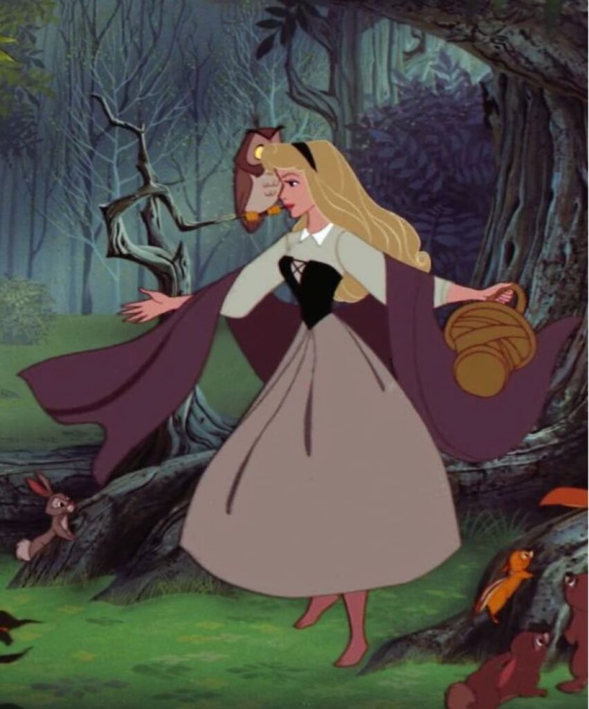 Briar Rose in the forest in Disney’s Sleeping Beauty, inspiration for Aurora’s Regal View princess costume at Disneyland Paris
