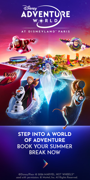 Disney Adventure World promotional banner at Disneyland Paris featuring Elsa, Anna, Olaf, Iron Man, Buzz Lightyear and Remy with park lands