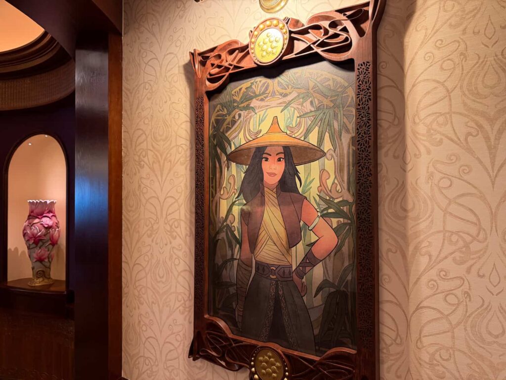 Decorative artwork of Raya from Raya and the Last Dragon inside the Regal View restaurant at Disneyland Paris