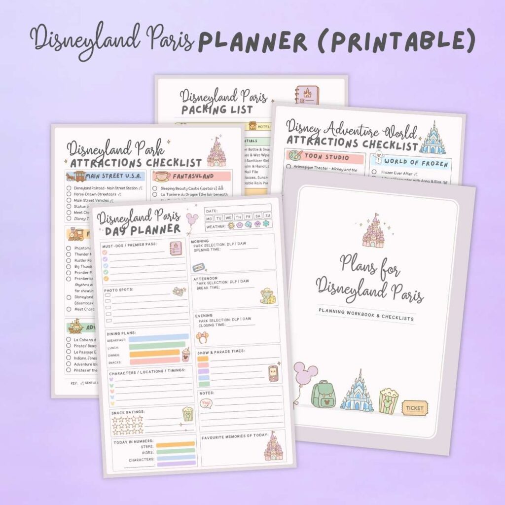 Disneyland Paris printable planner bundle including ride checklist packing list and park day planner pages