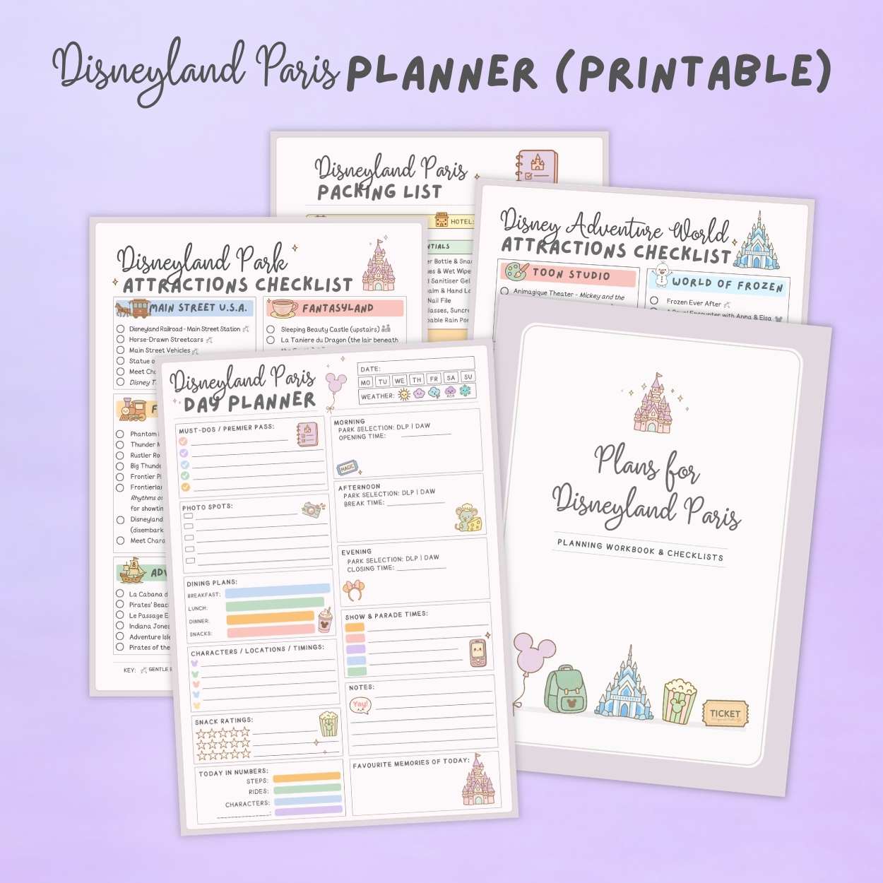 Disneyland Paris printable planner bundle including ride checklist packing list and park day planner pages