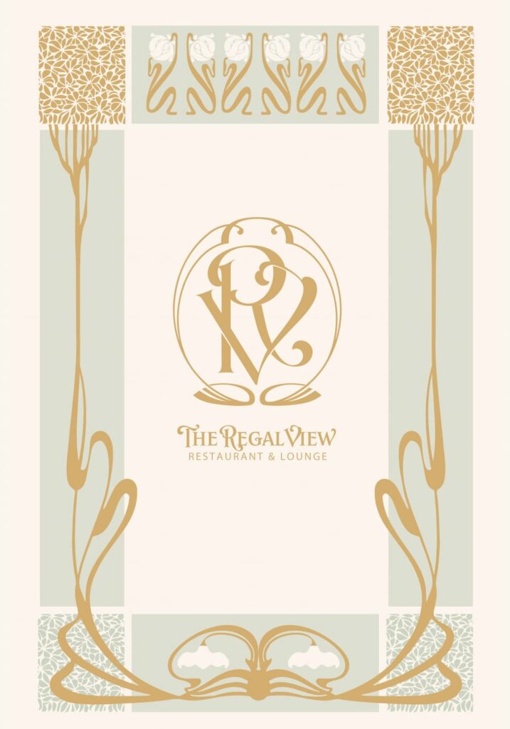Regal View Lounge drinks menu cover at Disneyland Paris featuring Art Nouveau design and gold detailing